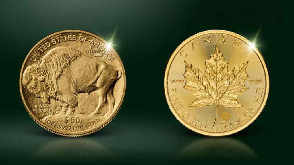 Gold American Buffalo and Canadian Gold Maple Leaf bullion coins