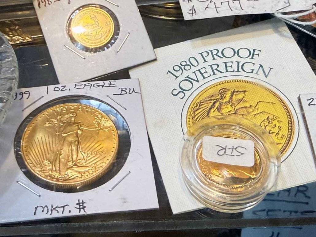 Gold bullion bars and coins
